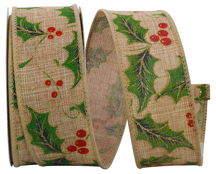Reliant Ribbon Holly Berry Linen Wired Edge Ribbon, 1-1/2 Inch X 10 Yards, Natural