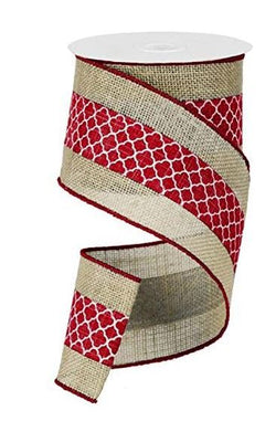 Wide Burlap Ribbon with Red Quatrefoil Geometric Accent, 4" Wide x 10 Yards