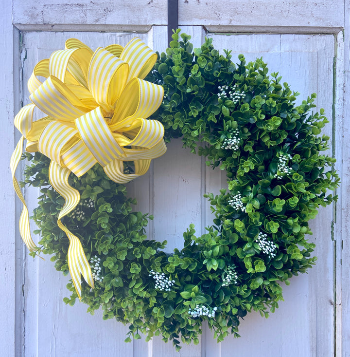 Round Green Faux Boxwood Front Door Wreath with Small white Flower Buds and Yellow Stripe Bow, Spring, Summer, Mother's Day Door Decor