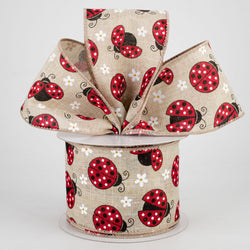 2.5" x 10yd Ladybug on Natural with White Daisies Wired Edge Ribbon