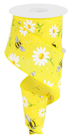 2.5"X10yd Bumble Bee and White Daisy On Royal Wired Edge Yellow Ribbon