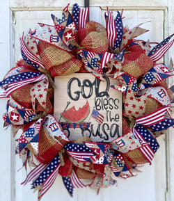 24" Diameter Patriotic Mesh and Ribbon Front Door Wreath for Spring and Summer, Red Wagon with Watermelon Sign insert