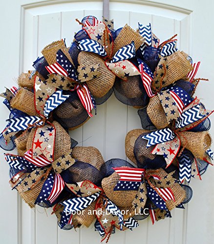 Patriotic Mesh Wreath for July 4th, Memorial Day, Father's Day, and Labor Day in 24 inch Diameter