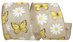 2.5"x10yd Yellow Butterflies and White Daisies on Natural Wired Edge Ribbon, Spring Summer