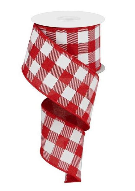 Plaid Check Wired Edge Ribbon - 10 Yards (Red, White, 2.5