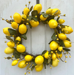 18-19" Diameter Round Yellow Lemon and Leaf Wreath, Grapevine Base, Front Door or Kitchen Decor, Patio, porch