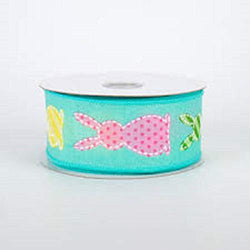 1.5" X 10YDS - Colorful Bunnies ON Aqua Canvas Wired Edge Ribbon