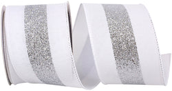 2.5"x10yd Bold Silver Glitter Center Stripe on White Linen Wired Edge Ribbon