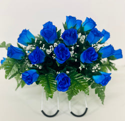Small Blue Rose Spring Cemetery Flowers for Headstone and Grave Decoration-Blue Roses with Baby's Breath Saddle