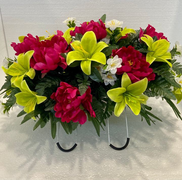 Summer Cemetery Flowers for Headstone and Grave Decoration-Lime Green Lilies, Dark Pink Carnations, and White wildflowers