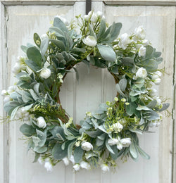 18-20" Mini White Rose and Lambs Ear Front Door Wreath with small white Wildflowers, Neutral Tones, Bow Options