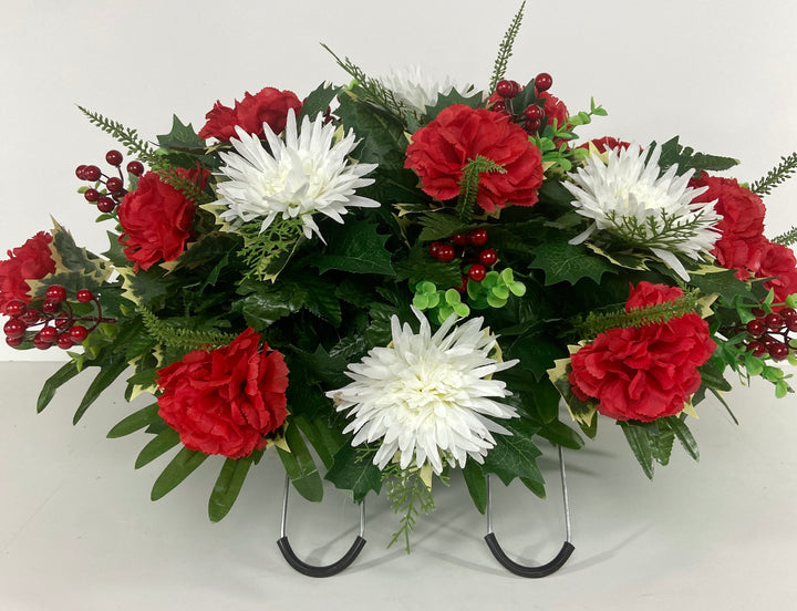 Christmas Cemetery Headstone Flower Saddle Arrangement for Grave Decoration, Red Carnations, White Spider Lilies