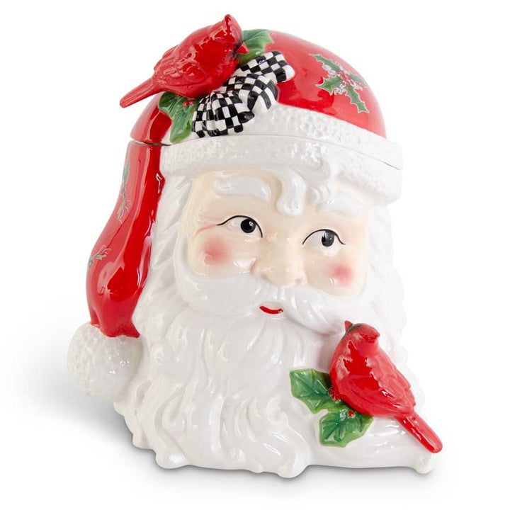 11.5 Inch Dolomite Santa Head lidded Container with Holly Decals, White and Red