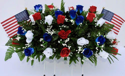 Patriotic Cemetery Headstone Saddle Flowers in Red White and Blue Roses with Flags