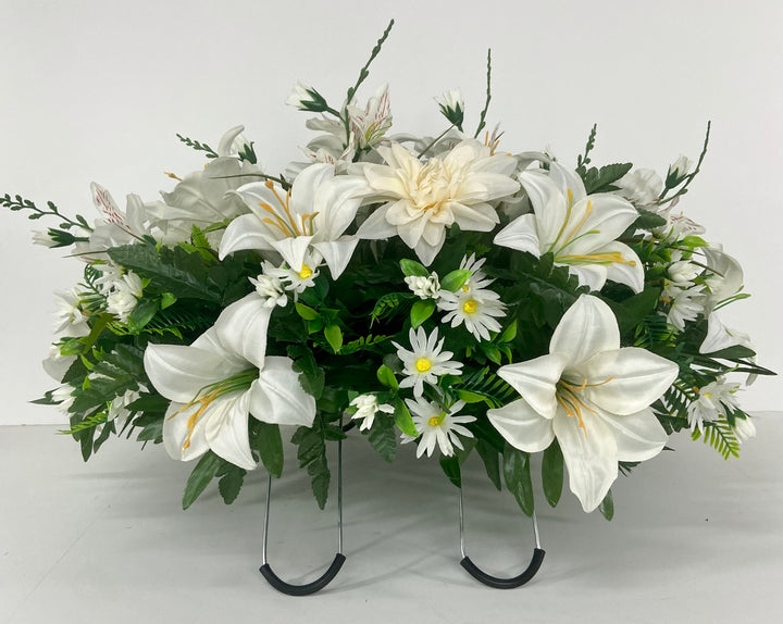 Cemetery Headstone Saddle Decoration with White Lilies and Orchids, Green Fern, and Palm-Grave Decoration, Sympathy Flowers, Memorial