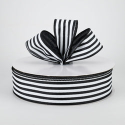 1.5" Cabana Stripes Ribbon: White on Black Satin (50 Yards)