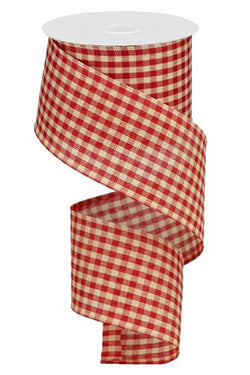 Primitive Gingham Check Wired Edge Ribbon, 10 Yards (Red, Beige, 2.5")