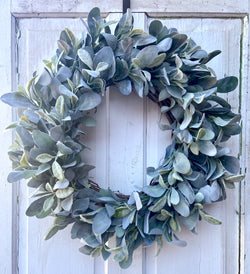 Handmade Round Faux Green Lambs Ear Front Door Wreath for Spring, Summer, Year round use, Housewarming Gift, Mother's Day, Birthday