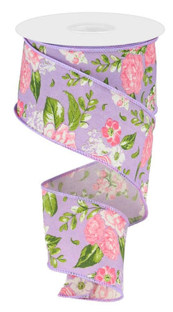 2.5"X10yd Floral Print on Lavender Wired Ribbon-Pink, Green, White, Purple