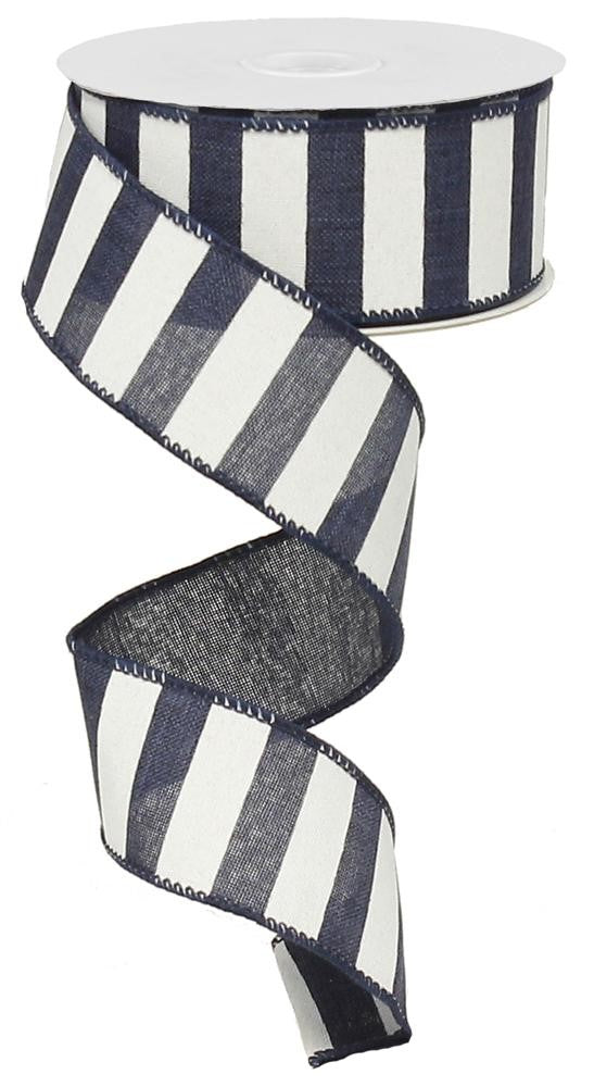 Navy Blue White Horizontal Striped Fabric Burlap Wired Ribbon (1.5 Inches x 10 Yards)