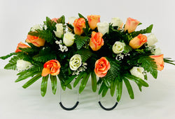 Sunset Rose with Cream Roses and Baby's Breath Flowers Cemetery Headstone Saddle Arrangement, Sympathy, Grave Decoration