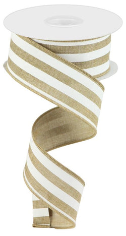 1.5" X 10yd Vertical Stripe Ribbon Wired Edge-Beige and White