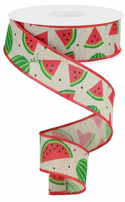 1.5" Watermelon Slices Canvas Ribbon: Natural (10 Yards) Summer Watermelon Wired Ribbon RG0199118