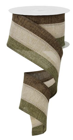 2.5" Wide Expressions Royal Canvas Tri-Color Striped Wired Ribbon Moss, Tan, Brown (10 Yards)
