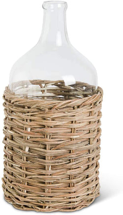 18.25 Inch Clear Bottle in Rattan, Glass and Woven Basket