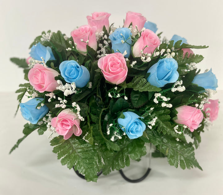 Small Blue and Pink Rose Spring Cemetery Flowers for Headstone and Grave Decoration-Blue and Pink Roses with Baby's Breath Saddle