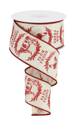 2.5" Farm House Animals Ribbon: Cream & Red (10 Yards) Chicken Cow Rooster Pig Farm Fresh Ribbon-Wired edge