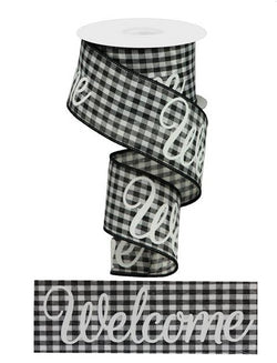 2.5"X10yd Welcome With Gingham Check Wired Edge Ribbon