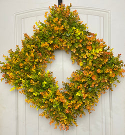 23-24" Square Fall Faux Boxwood Fall Door Wreath on Green Foam Base, Outdoor, Porch, Patio
