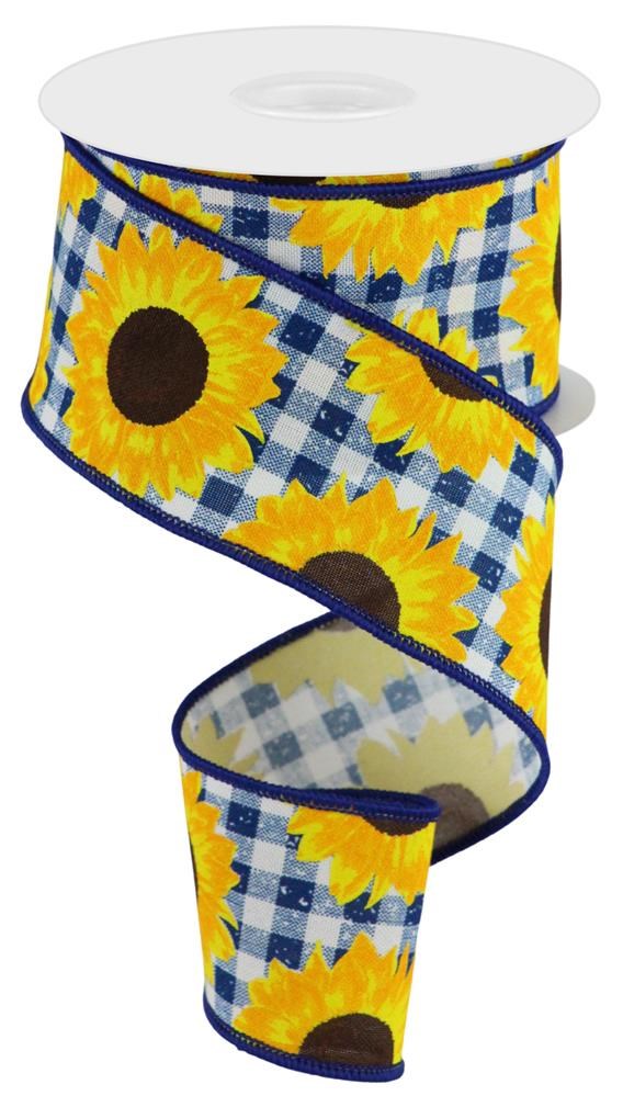 Sunflowers on Checked Faux Canvas Wired Edge Ribbon, 10 Yards (Dark Blue, 2.5 Inch)