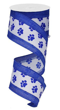 2.5"X10yd Paw Print With Cross Royal--Blue and White Wired Edge Ribbon