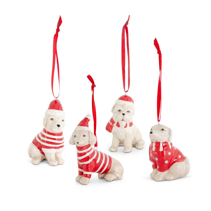 Assorted Dolomite Dog Ornaments with Santa Hats (4 Styles), Red and White-Sold Individually