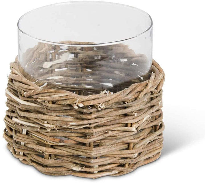 6 Inch Clear Cylinder in Rattan, Glass and Woven Basket