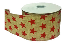 2.5" x 10yd Red Stars on Natural Patriotic Wired Edge Ribbon