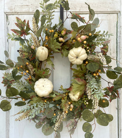 22"-24" Cream Gourd and Pumpkin Wreath with Maple Leaves and Berries-Fall, Thanksgiving