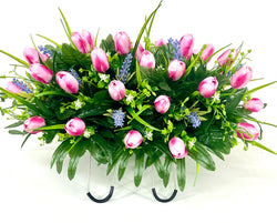 Cemetery Headstone Saddle Arrangement with Pink Mini Tulips and Purple Accent Flowers-Grave Decoration