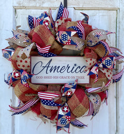 24" Diameter Patriotic Mesh and Ribbon Front Door Wreath for Spring and Summer, America Sign insert