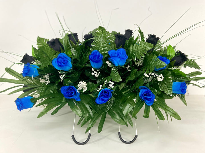 Spring Cemetery Flowers for Headstone and Grave Decoration-Black and Royal Blue Roses, Tombstone Saddle Arrangement, Police, Father's Day