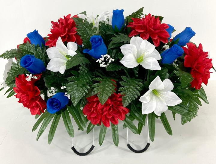 Patriotic Grave Decoration Saddle Flowers with Blue Roses, White Lilies, and Red Carnations-Summer Memorial Flowers, Sympathy