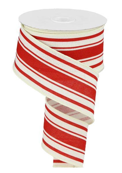 Farmhouse Stripe on Cotton Wired Edge Ribbon - 2.5 Inches x 10 Yards (Ivory, Farmhouse Red)