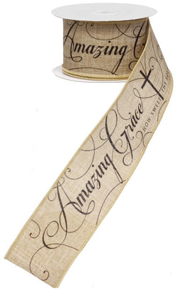 2.5" Wide Expressions Natural Canvas Amazing Grace Wired Ribbon Beige & Black (10 Yards)