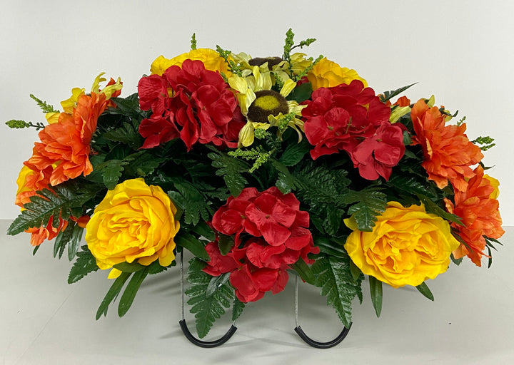 Cemetery Headstone Saddle Arrangement with Yellow Sunflowers, Red Hydrangeas, Yellow Roses, and Orange Peonies-Grave Decoration