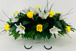 Cemetery Headstone Saddle Arrangement with Yellow Rose Buds and White Easter Lilies-Grave Decoration, Sympathy, Silk Flowers, Mother's Day