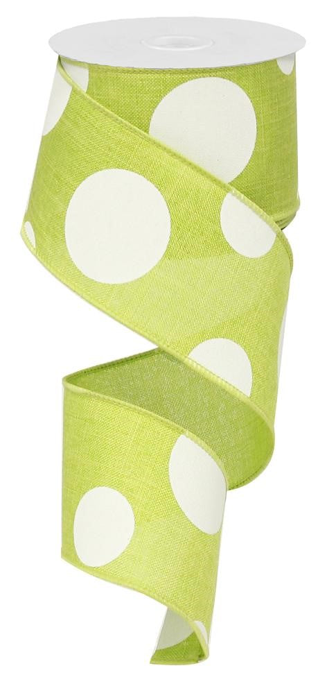 Large Polka Dot Wired Edge Ribbon - 2.5 Inches x 10 Yards (Lime Green, White)