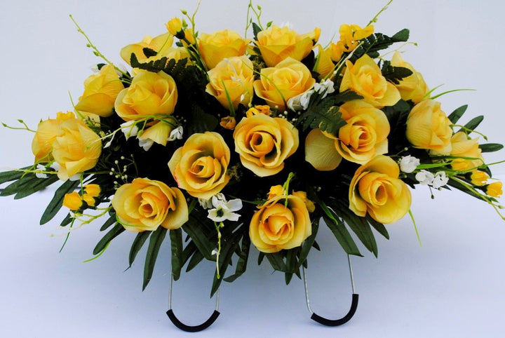 Yellow Rose with White Accent Flowers Cemetery Saddle Arrangement for Headstone Decoration
