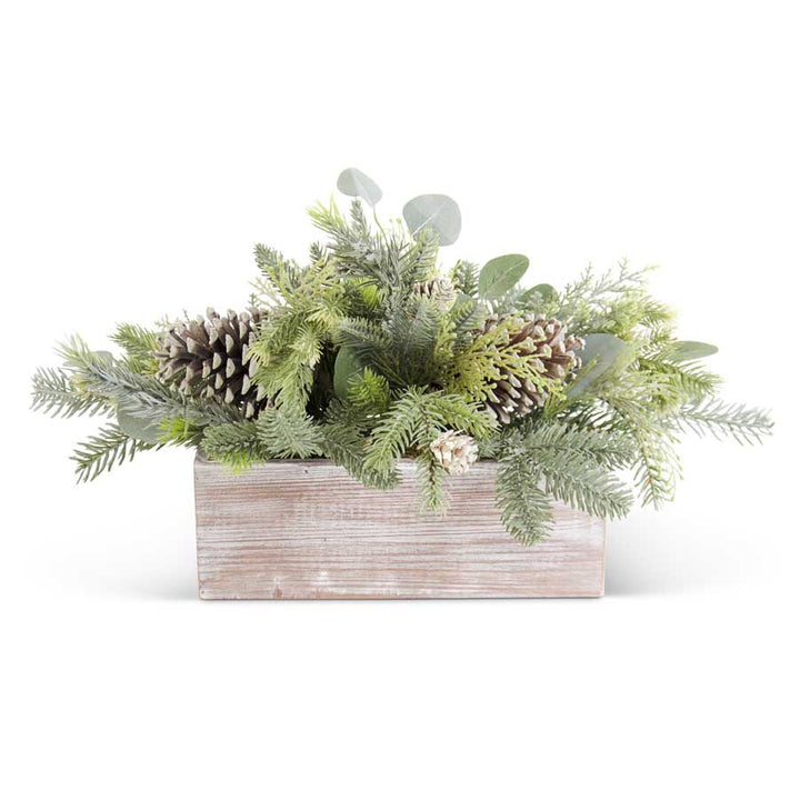21 Inch Frosted Fir Pine with Eucalyptus and Pinecones in Wood Planter, Green